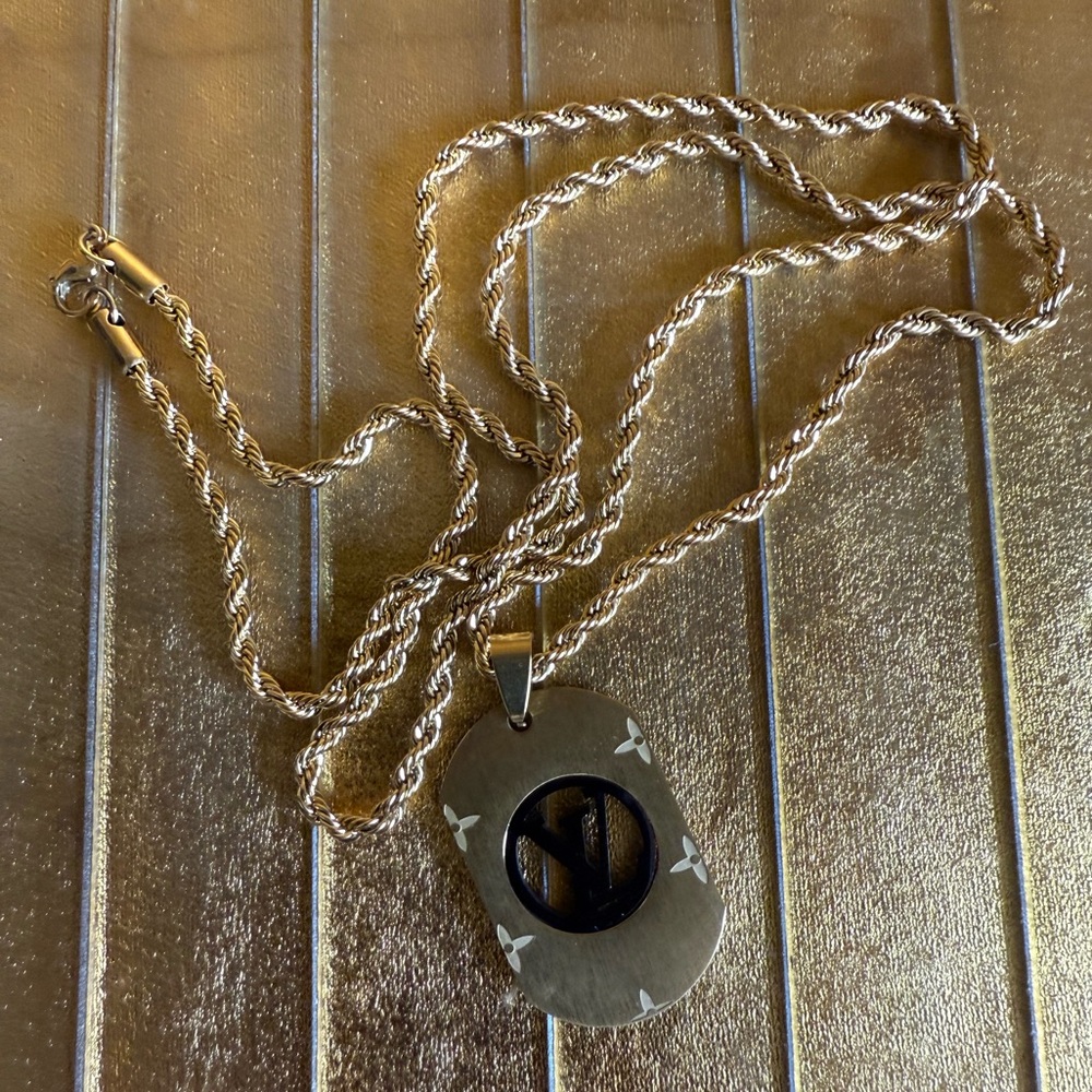 Black initial gold rope dog tag chain pendant necklace